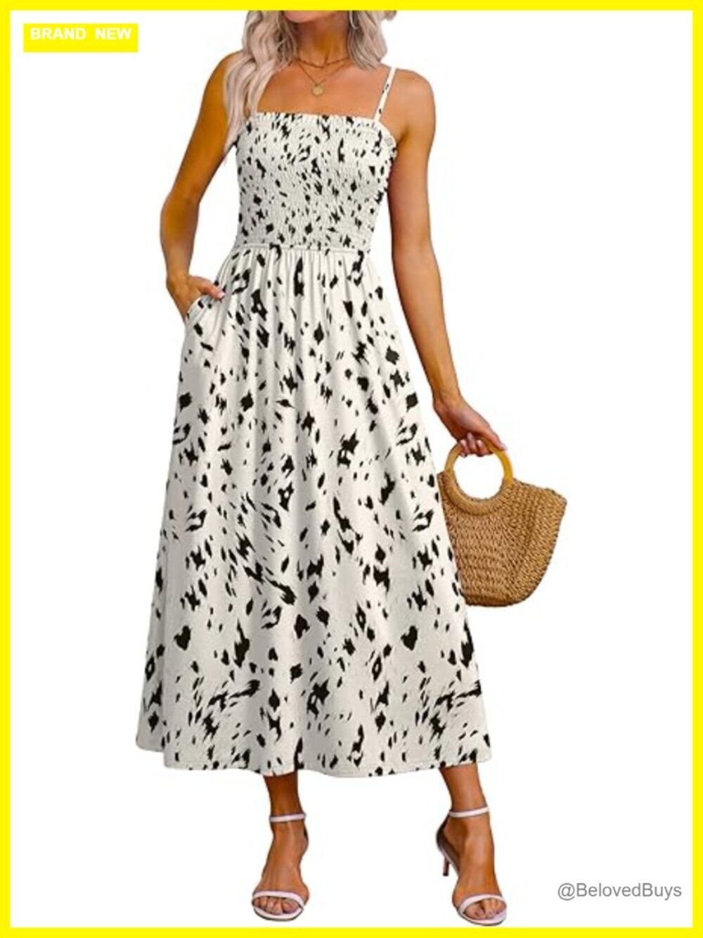 Spaghetti Strap Maxi Dress Smocked with Pockets Flowy Summer Boho